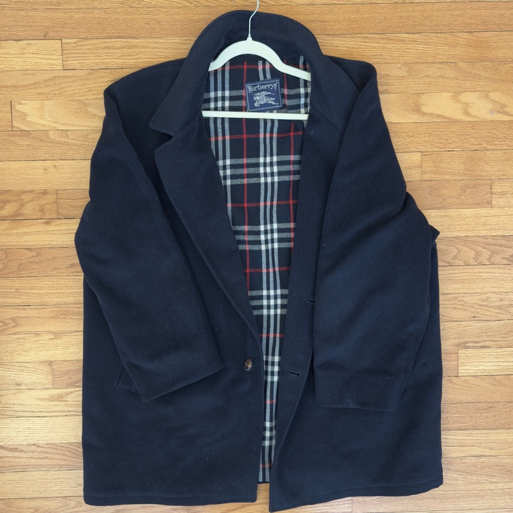 Burberry Men's Navy Blue Wool Car Coat with Plaid Lining